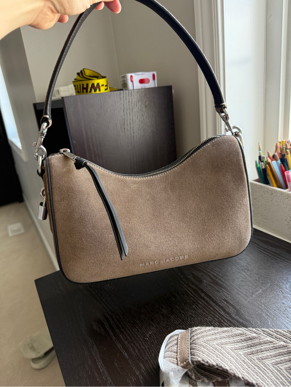 Marc Jacobs Suede Shoulder Bag in Taupe with Black Strap